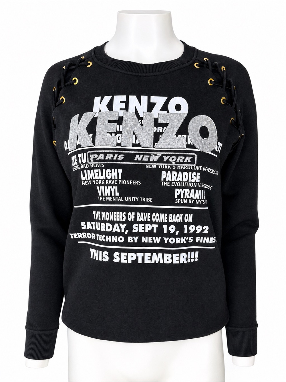 KENZO Paris Women’s XS Black Graphic Sweatshirt Lace-Up Shoulder Rave Pullover